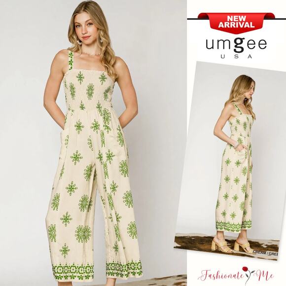Umgee Smocked Detail Printed Side Pockets Relaxed Fit Wide Leg Jumpsuit | Cream - Picture 1 of 6